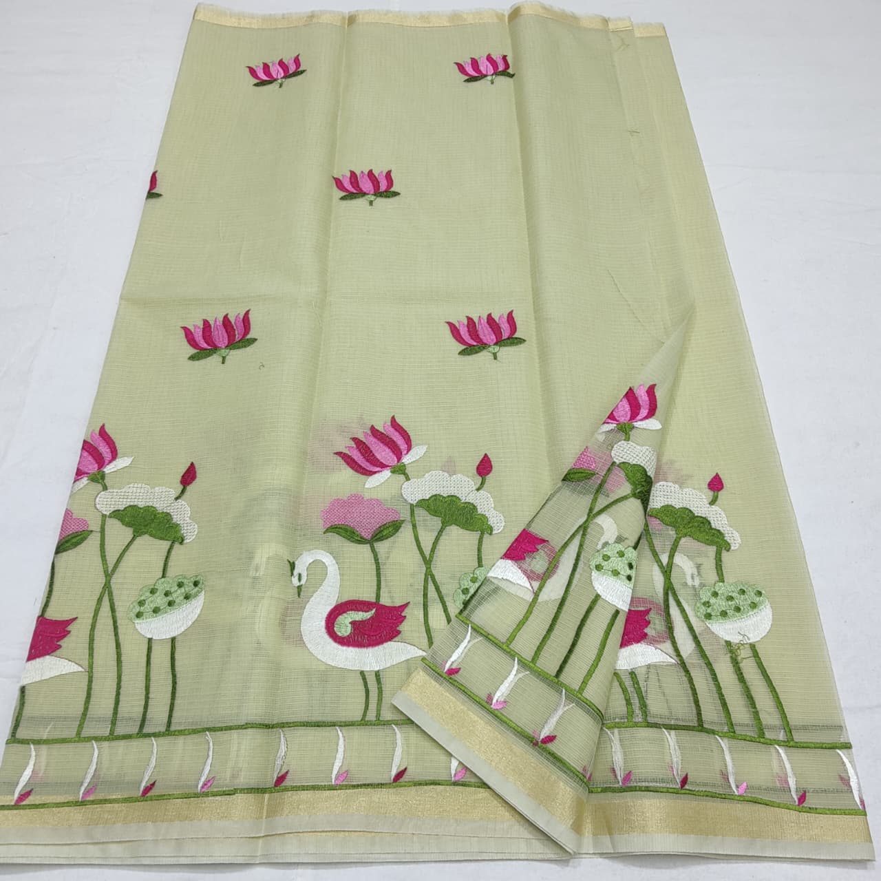 “Kota Cotton Saree with Lotus & Swan Embroidery”
