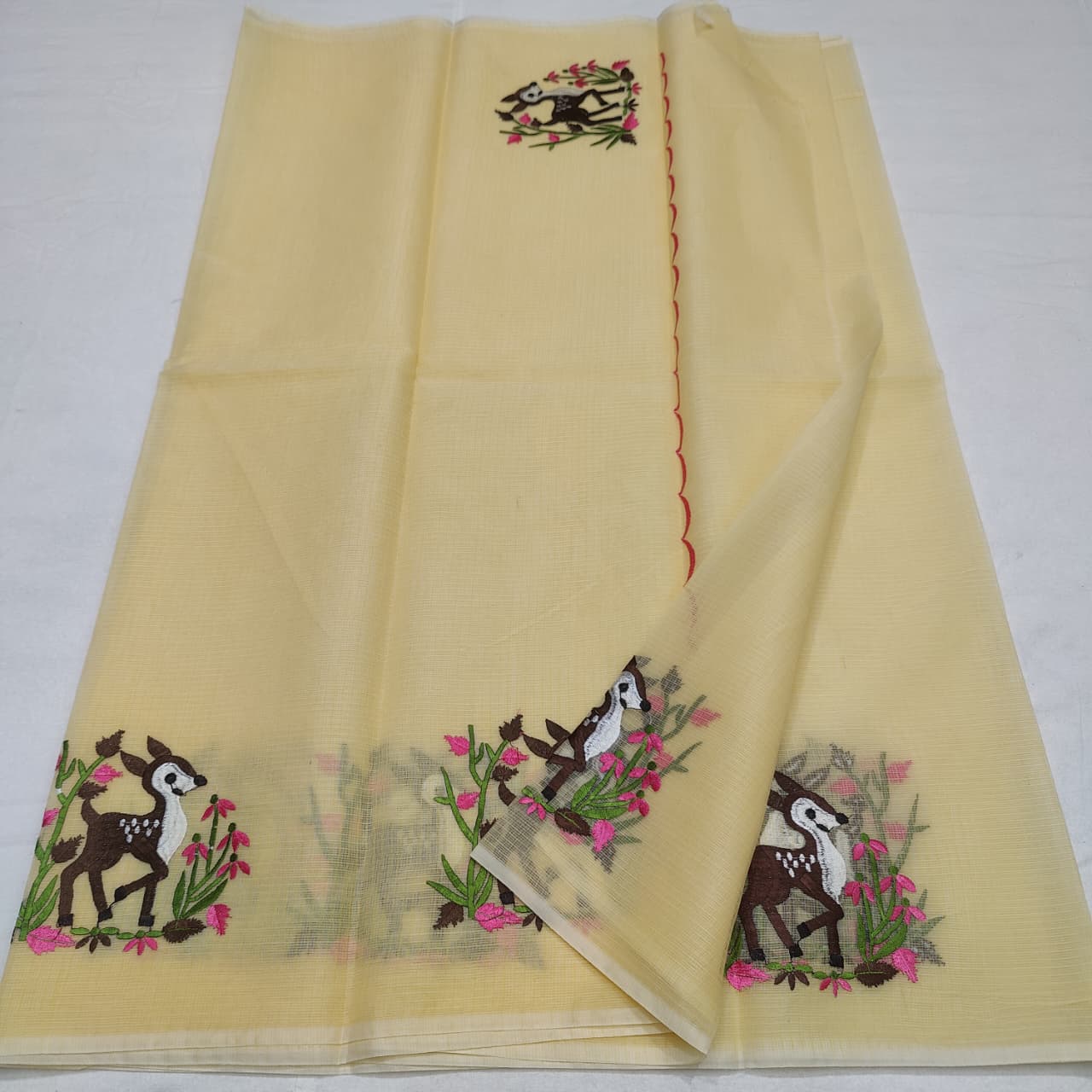 "Pastel Yellow Kota Cotton Saree with Deer Design”