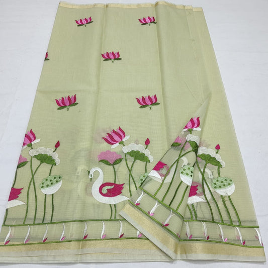 “Kota Cotton Saree with Lotus & Swan Embroidery”