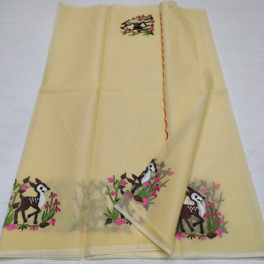 "Pastel Yellow Kota Cotton Saree with Deer Design”