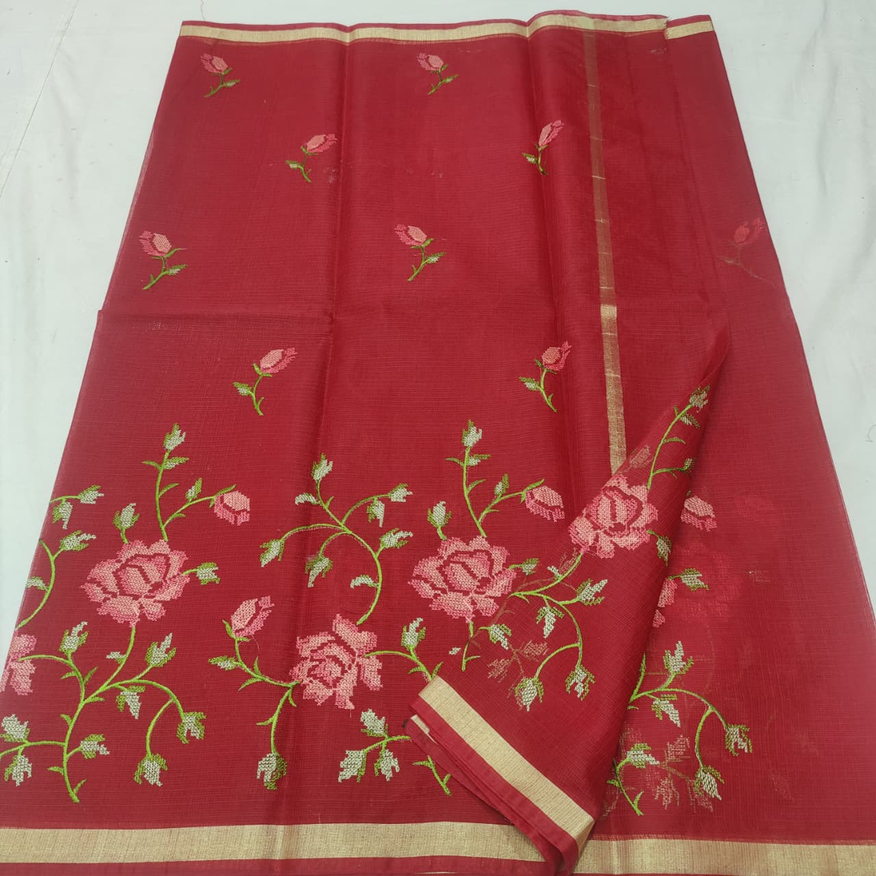 “Kota Cotton Saree with Multicolor Floral Embroidery”