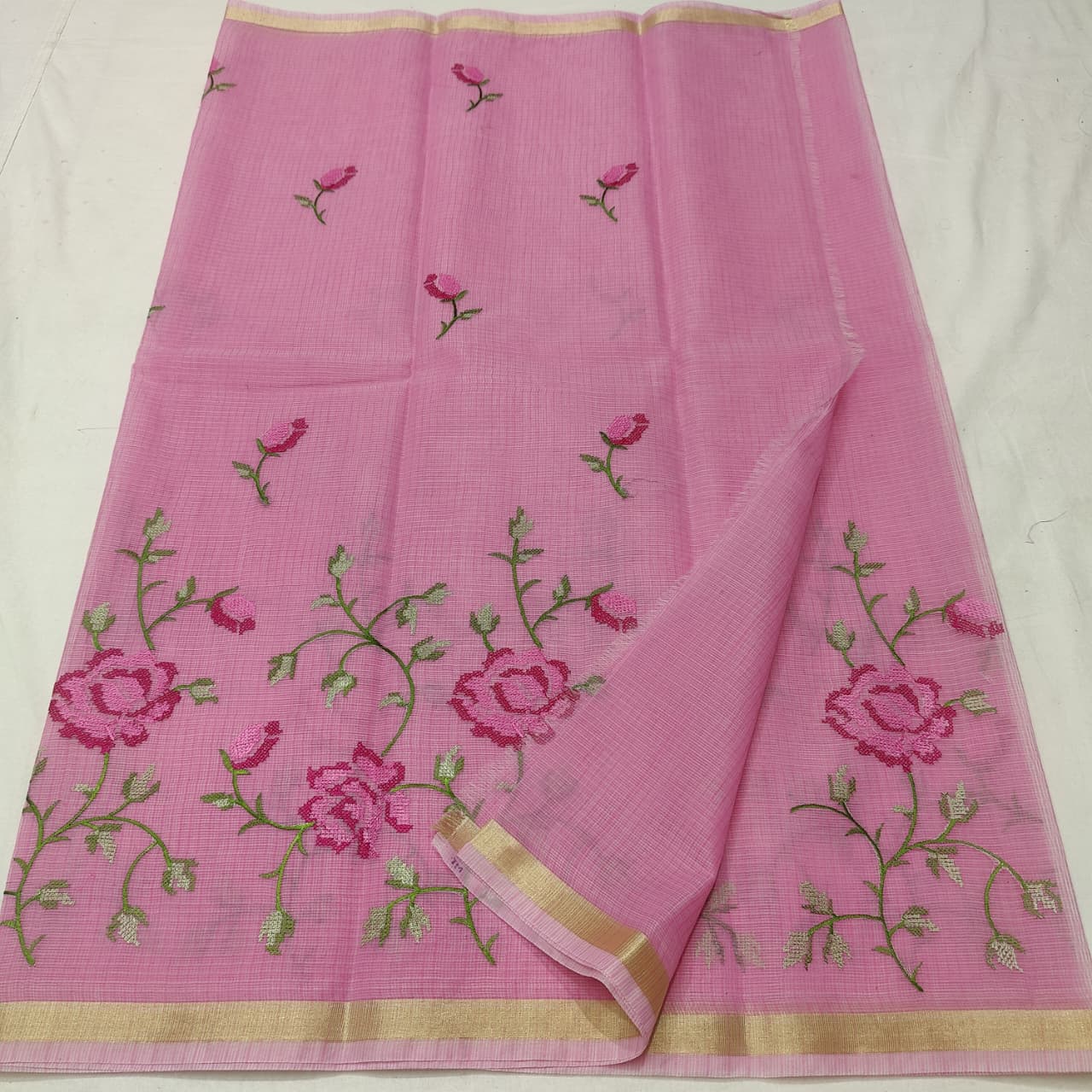 “Kota Cotton Saree with Multicolor Floral Embroidery”