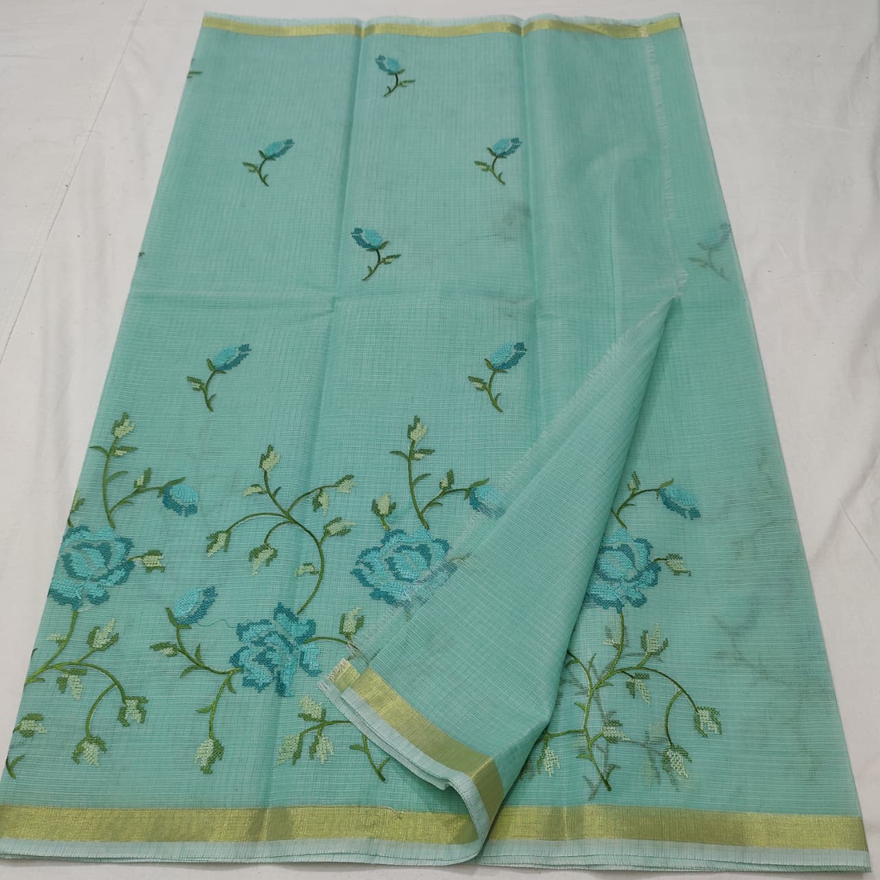 “Kota Cotton Saree with Multicolor Floral Embroidery”