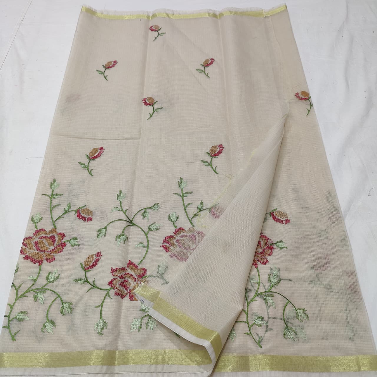 “Kota Cotton Saree with Multicolor Floral Embroidery”