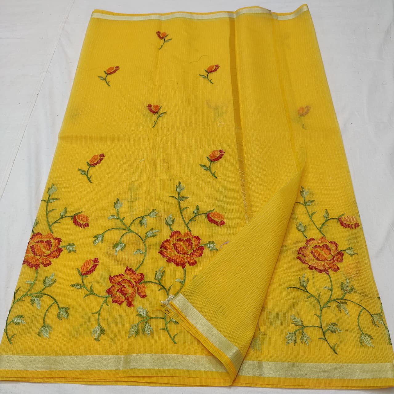 “Kota Cotton Saree with Multicolor Floral Embroidery”