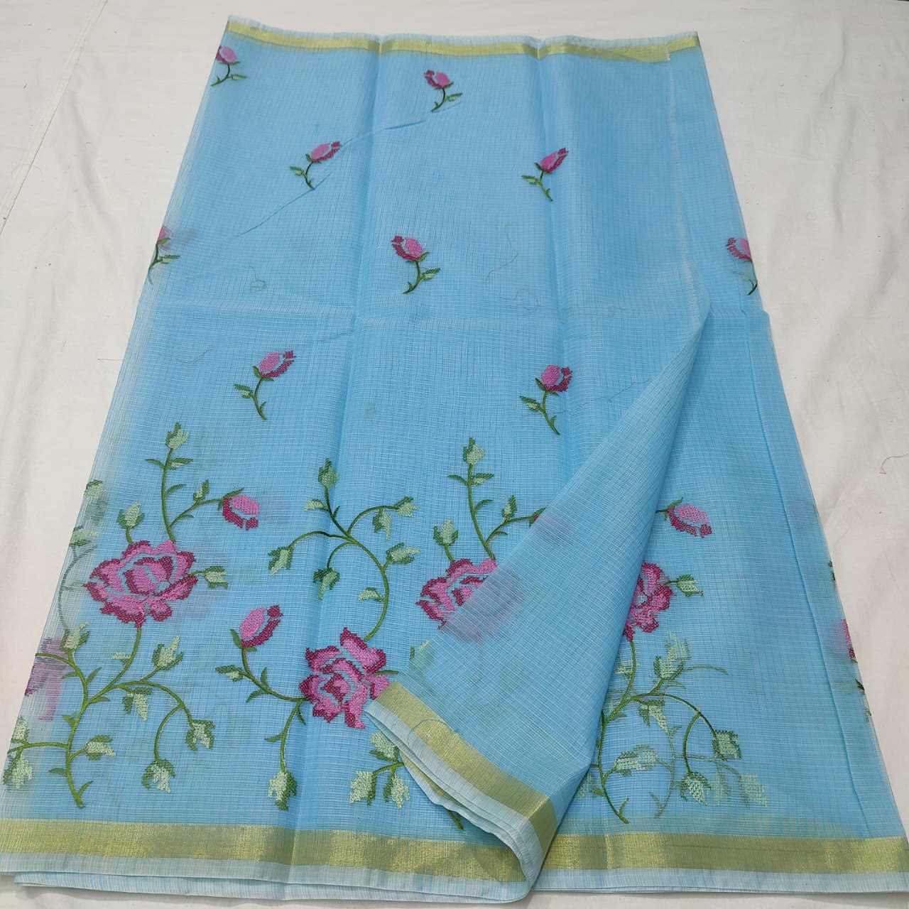 “Kota Cotton Saree with Multicolor Floral Embroidery”