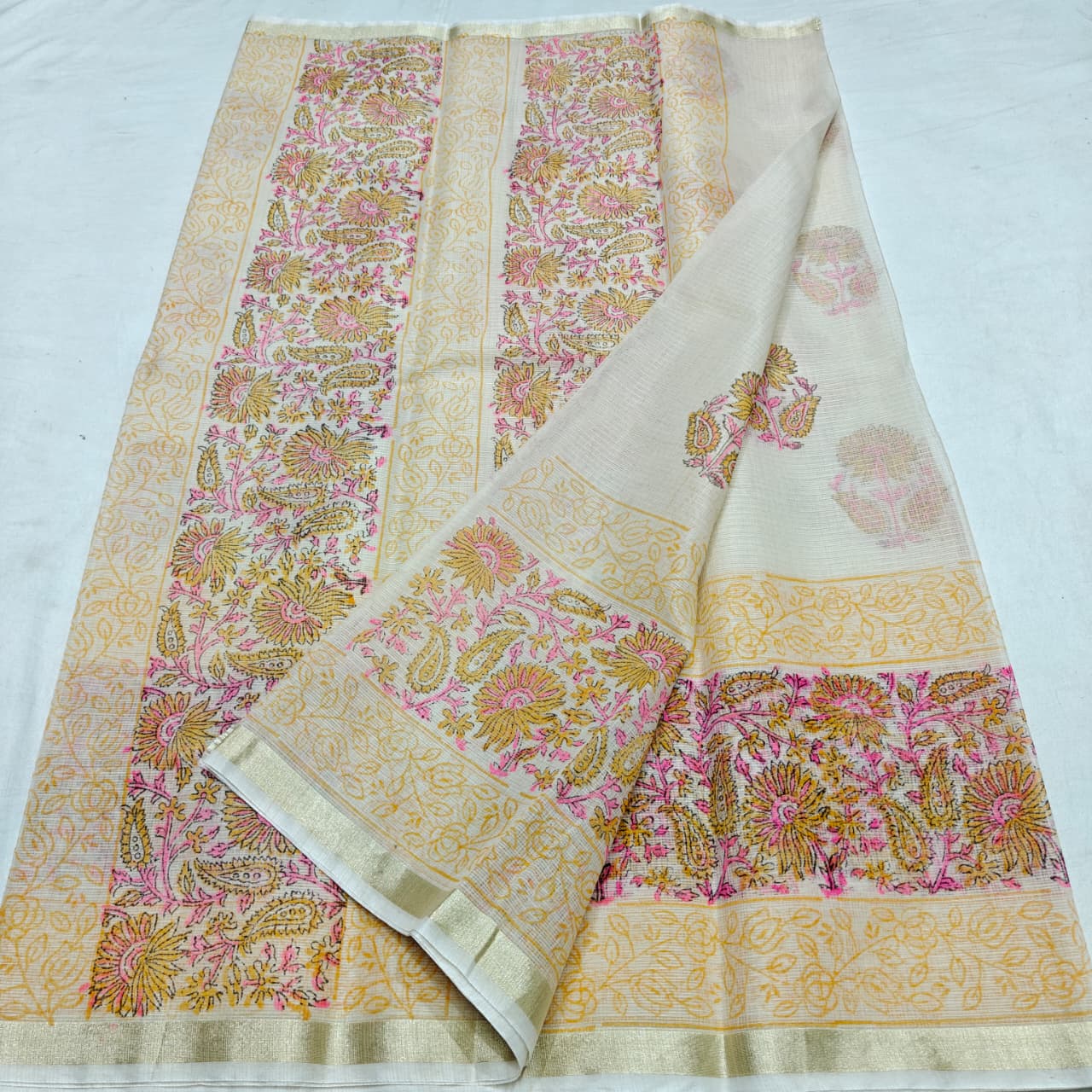 Traditional Kota Doria Block Printed Saree
