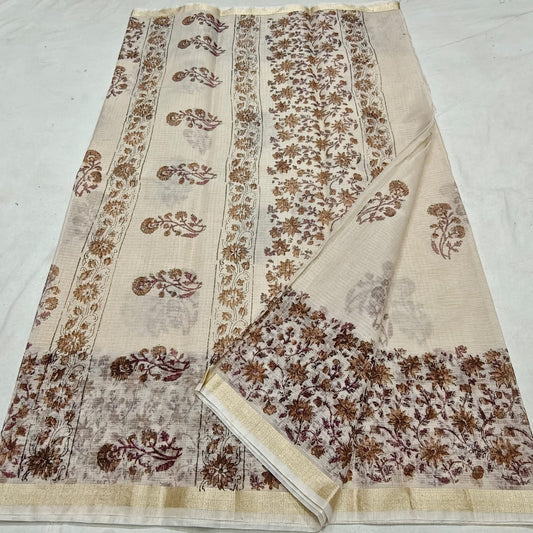 Kota Doria Hand Block Printed Saree - Traditional