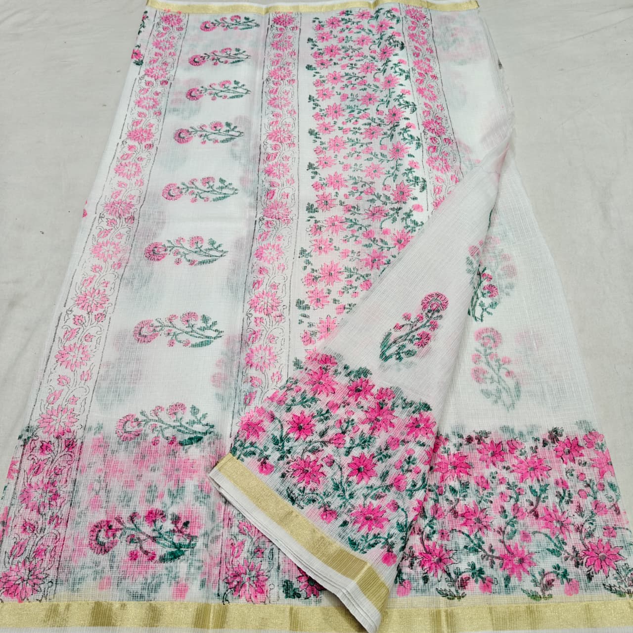 Kota Doria Hand Block Printed Saree - Traditional